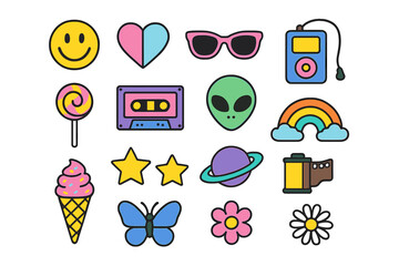 Colorful Y2K flat design sticker set with smiley face, heart, sunglasses, cassette, alien, rainbow, ice cream, stars, planet, camera film, lollipop and butterfly icons, fun retro collection