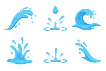 Set of fresh water splashes, drops, waves, and liquid shapes, pure blue aqua elements, isolated ocean water vector collection, clean fluid dynamic motion design