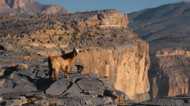 A mountain goat stands on a rocky cliff overlooking a dramatic canyon landscape in Jebel shams, Oman. The rugged terrain and vast, arid mountains of the Jebel Shams region, often referred to as the Gr