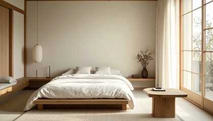 Serene bedroom interior featuring a minimalist aesthetic, showcasing a wooden bed frame, crisp white bedding, a neutral color palette, and natural light pouring in through large windows.