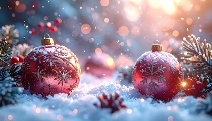 Sparkling red Christmas ornaments adorned with snowflake designs rest on a bed of fresh, glistening snow amidst evergreen branches, creating a festive, wintery scene with soft bokeh lights and a...