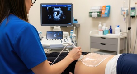 Sonographer performing a kidney ultrasound scan on a patient in a clinic. Medical technician using diagnostic imaging equipment for a health checkup