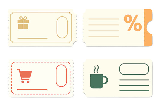 Vector set of coupon templates. Gift card and voucher for shopping, food, and drinks. Promo code ticket for business marketing, sales, and special offers. Discount element.