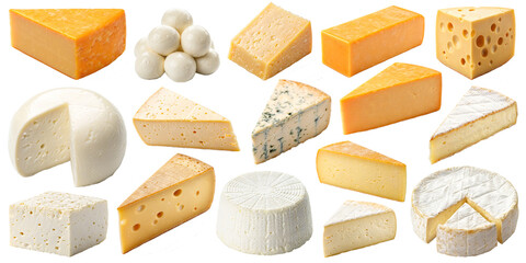 Set of different types of cheeses isolated on white background
