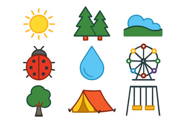 Nature and fun icon collection vector. Summer camp and outdoor activity symbols. Sun, forest, ladybug, ferris wheel, camping tent, playground swings. Entertainment web elements.