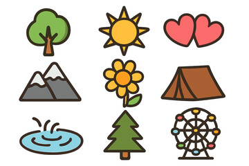 Nature and recreation icon set vector pack. Outdoor activity, camping, hiking, love and summer fun symbols. Web icons for tree, sun, mountain, flower, tent, ferris wheel.