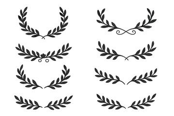 Set of laurel wreaths and olive branch dividers. Vector collection of black silhouette frames for award, victory, and certificate. Classic greek or roman decorative elements.