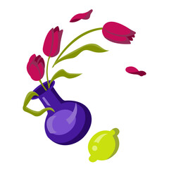 Falling vase with falling bouquet of tulips and lemon nearby. Vector illustration isolated on white background.