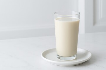 Glass of traditional Spanish horchata on a white saucer, minimalist composition with soft natural lighting.
