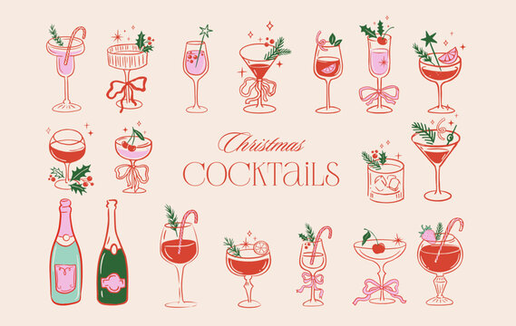 Christmas cocktail party hand-drawn vintage illustrations