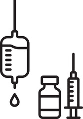 Obraz premium Black outline icons of medical equipment including IV drip, vial, and syringe health IV drip