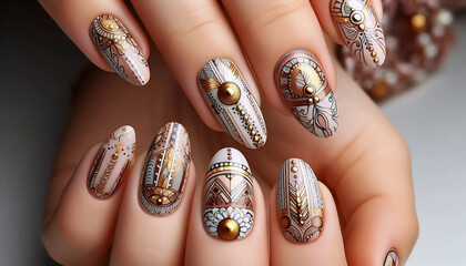A bohemian boho nail design, Ai generated image