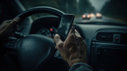Driver Using Smartphone While Steering on a Dimly Lit Road at Night in a Tense Atmosphere With Other Cars Approaching