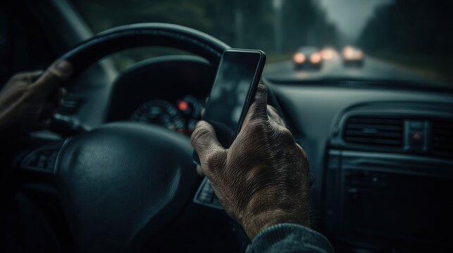 Driver Using Smartphone While Steering on a Dimly Lit Road at Night in a Tense Atmosphere With Other Cars Approaching