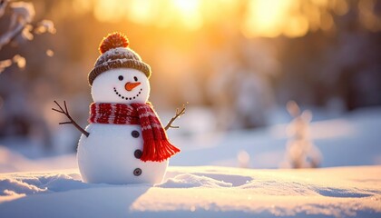 Obraz premium Adorable snowman with a knitted hat and a red scarf stands in a snow-covered landscape bathed in golden sunlight, creating a warm and festive winter scene, embodying joy and winter cheer.
