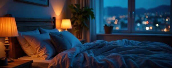 Serene Nighttime Bedroom Scene Soft Lighting Illuminates a Cozy Bed, Perfect for Relaxation, Sleep, and Dream-themed Designs