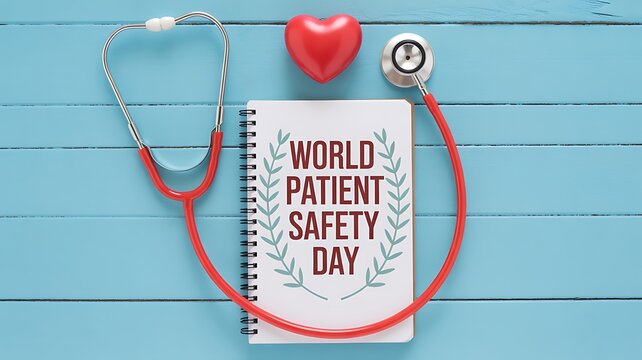 World patient safety day concept with stethoscope and red heart on blue wooden background, celebrating healthcare awareness and medical care