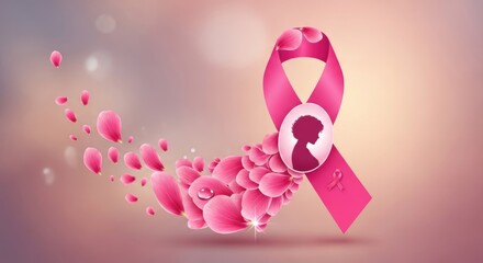 Fototapeta premium Bright pink awareness ribbon stands firm with a female profile, surrounded by many delicate flowing petals. Symbolizes hope and support for women's health during breast cancer month.