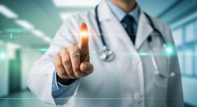 Professional doctor interacting with futuristic digital interface, symbolizing advanced medical technology and patient care innovation - Powered by Adobe
