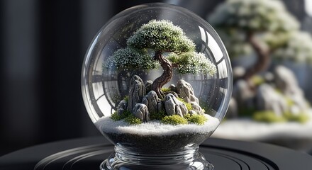Miniature Zen Garden Bonsai Tree Encased in Crystal Sphere Serene Miniature World.
