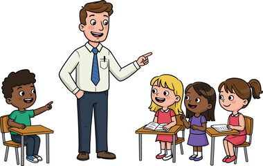 Teacher and students in classroom discussion, interactive learning, children studying with books, educational environment, school teaching activity