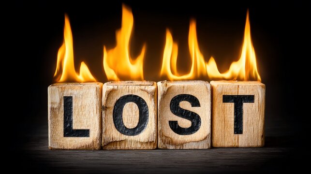 The burning word lost depicted on wooden blocks creating a feeling of hopelessness