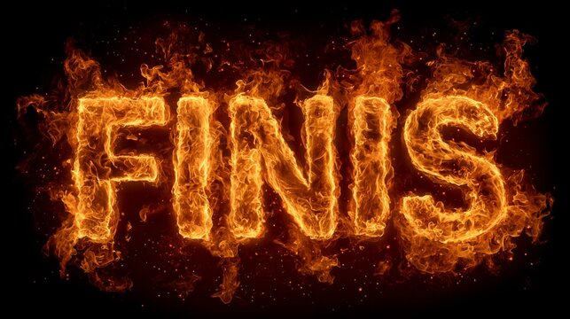 The word FINIS ablaze with fiery flames, symbolizing completion and finality against a stark black