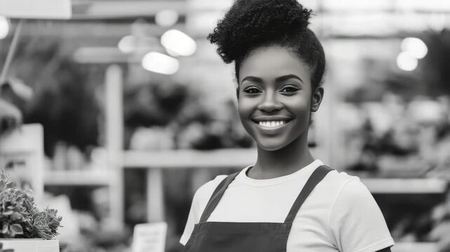 Young woman in floral apron smiling at a customer, representing friendliness and exceptional customer service in an urban store setting.