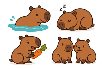 Cute cartoon capybara illustrations: swimming, sleeping, eating, and pair bonding