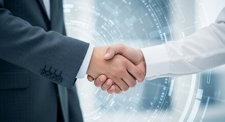 Professional business handshake symbolizes partnership and success in a modern, tech-driven global economy, fostering trust and collaboration.