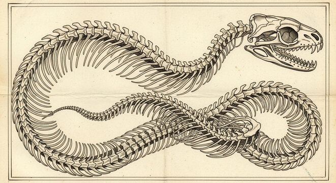Snake skeleton illustration on parchment