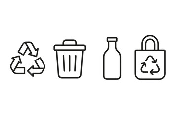 Recycling icons: bin, bottle, bag with recycling symbol