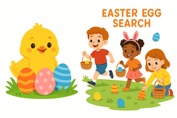 Obraz premium Kids easter egg hunt with cute chick and colorful eggs in spring