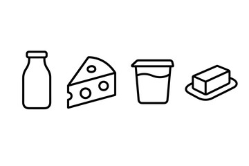 Milk, cheese, yogurt, butter: essential dairy products in simple vector icons