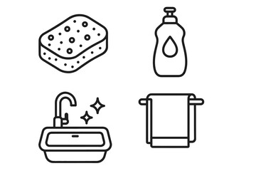 Kitchen cleaning essentials: sponge, dish soap, sink, towel outline icons