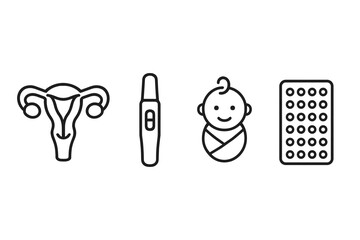 Uterus, pregnancy test, baby, and birth control icon set