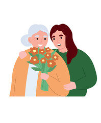 An elderly woman hugs her daughter. A grandmother with a bouquet of flowers is being cared for. Vector flat graphics.