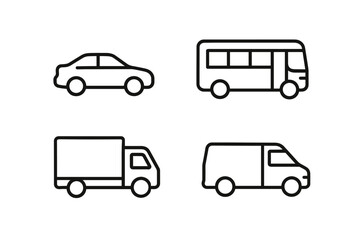 Outline icons of car, bus, truck, and van vehicles