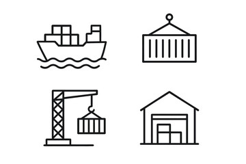 Obraz premium Logistics icons: cargo ship, shipping container, crane, warehouse