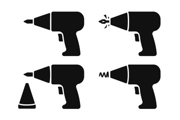 Set of black silhouette electric drills with different drill bit tips