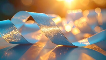 Delicate light blue ribbon gracefully curls and twists, creating an elegant and soft composition bathed in warm, golden light.