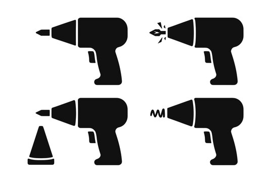 Set of black silhouette electric drills with different drill bit tips
