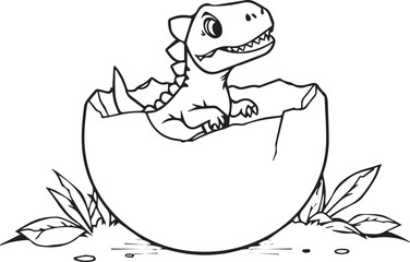 Cute Baby Dinosaur Hatching from Egg Line Art Illustration