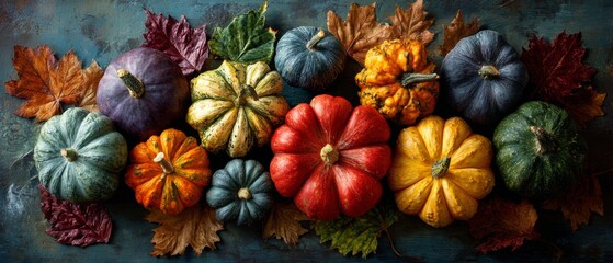 Fototapeta premium Autumn's colorful harvest celebrated on wooden planks. Creative concept. Autumn's splendor: pumpkins, leaves and pinecones on wood. Unusual perspectives. Dreamlike imagery.