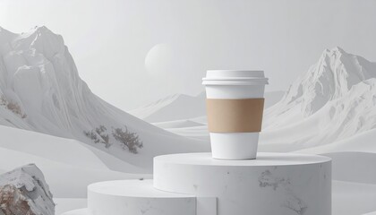 A white coffee cup with a brown sleeve sits atop a cylindrical platform, contrasted against a mountainous, snowy landscape under a soft, atmospheric light.