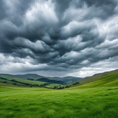 Green Meadow Under Ominous Sky Landscape, Storm Clouds , Nature photography