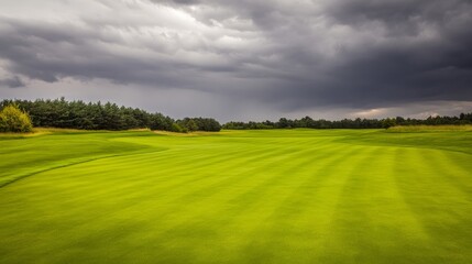 Lush Green Golf Course Under a Dramatic Sky, Golf , Landscape