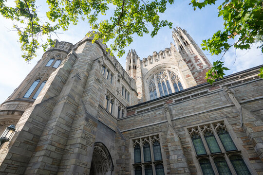 New Haven, CT, USA - July 1, 2022: Low angle view of the Sterling Law Building, which houses the Yale Law School (YLS), at 127 Wall Street on Yale University's campus in New Haven, Connecticut.