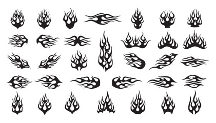 Collection of diverse black tribal flame designs and fire motifs for graphic design and tattoo art