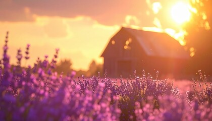 Captivating display of lavender blooms under a warm, radiant sunset, casting a golden glow across the tranquil countryside, with a rustic building in the background, invoking peace and serenity.